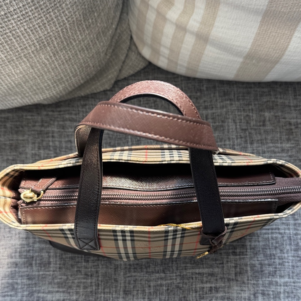 Small Burberry Beige Checkered with Brown Leather Accents Hand Bag - Picture 11 of 13